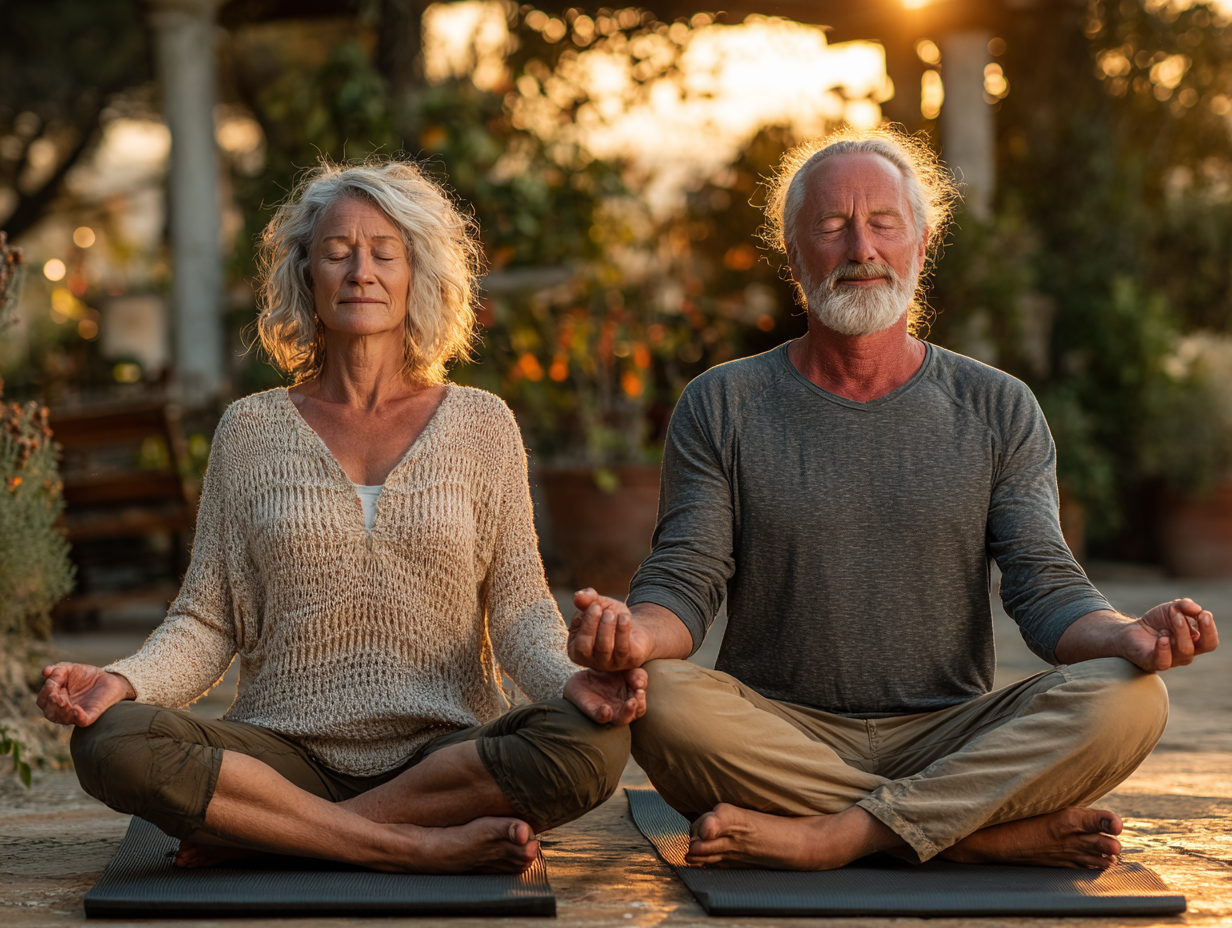 Kobieta w średnim wieku praktykująca medytację w spokojnym otoczeniu